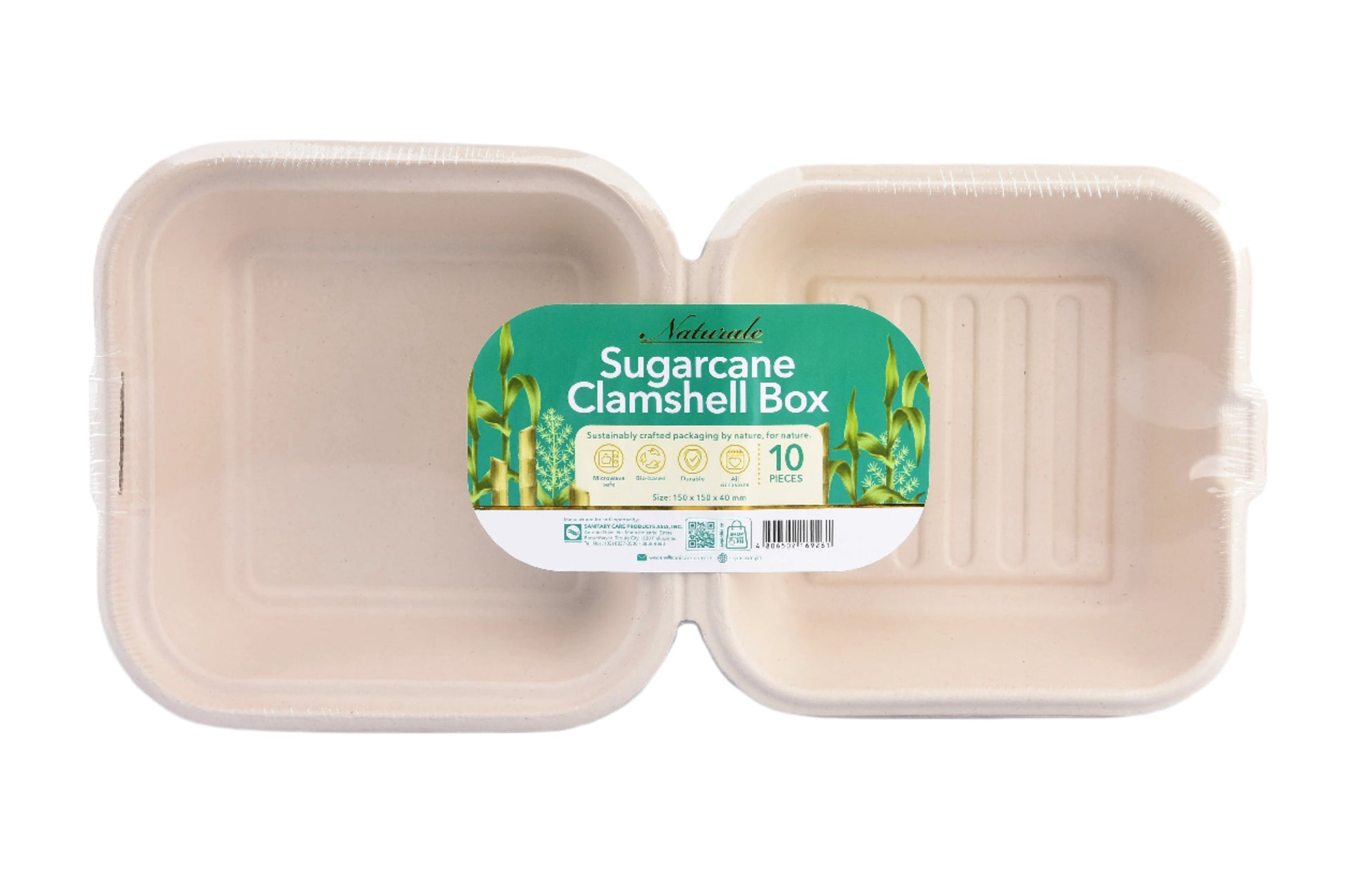 Naturale Sugarcane Bagasse Square Clamshell Box - 10 Pieces per Pack