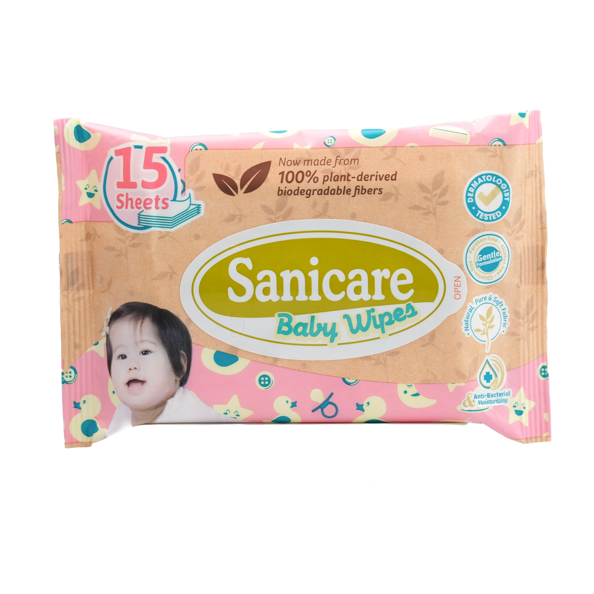 Sanicare Baby Wipes Plant Fibre 15 Sheets - Assorted Colors (1 Pack)