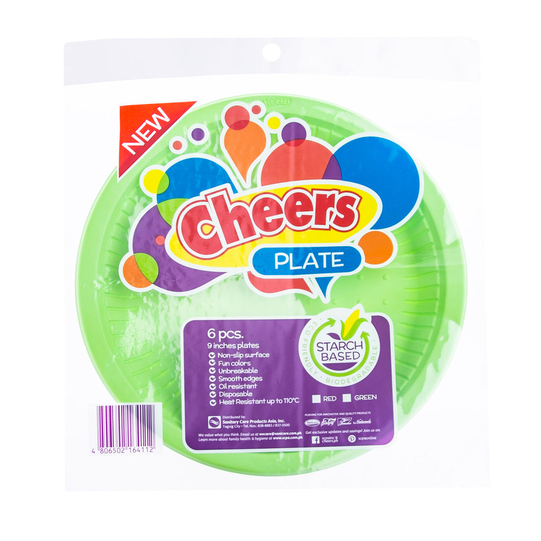 Cheers Starch-based Green Color Plates 6 Pieces (1 Pack)