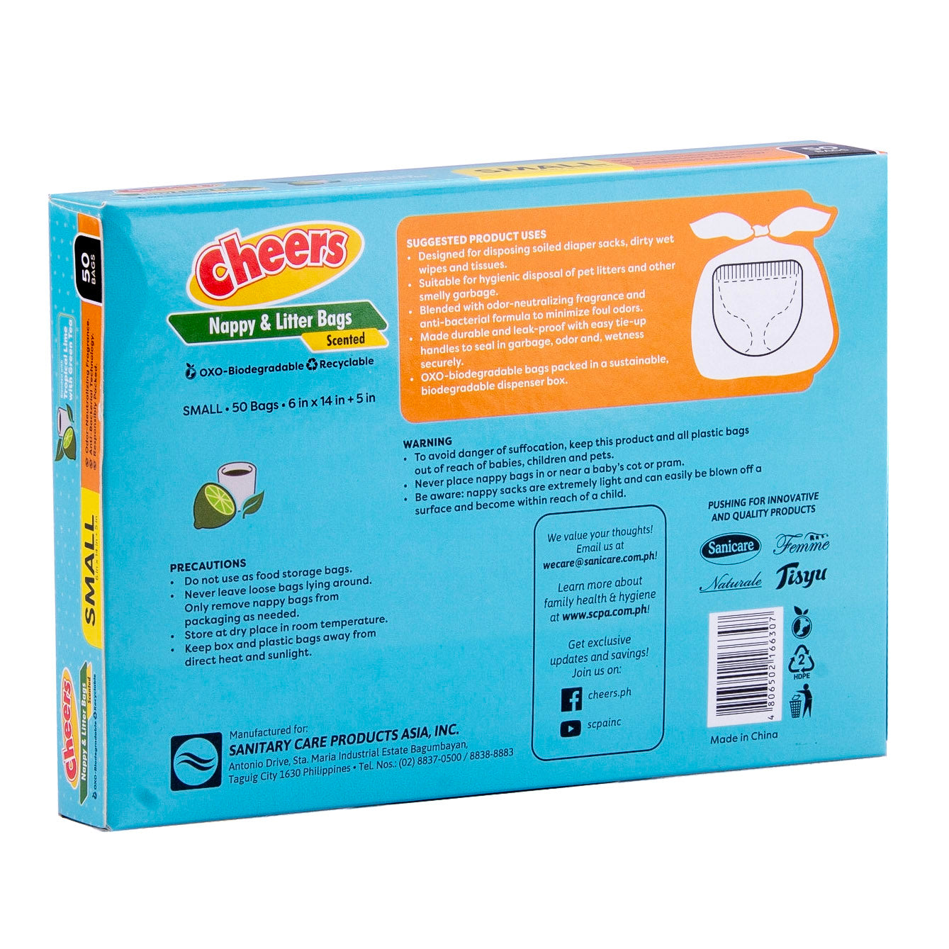 Cheers Nappy & Litter Bags Tropical Lime with Green Tea Scent - 50 Bags (1 Box)