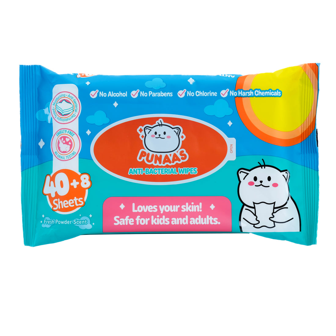 Punaas Anti-Bacterial Wipes (Fresh Powder Scent) 48's Pack of 1