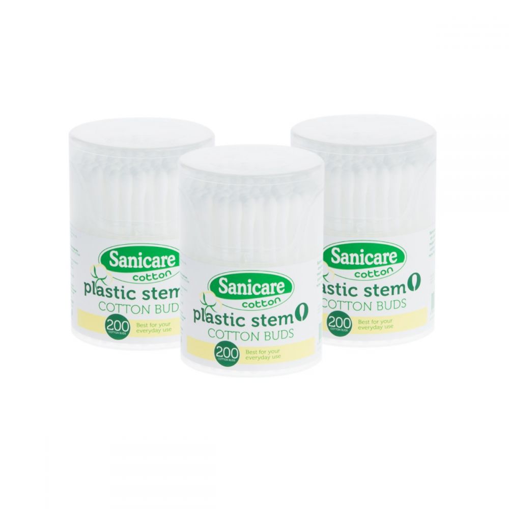 Sanicare Plastic Stem Cotton Buds 200 Tips  in Canister (Pack of 3)