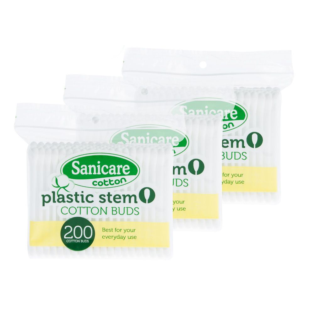 Sanicare Plastic Stem Cotton Buds 200 Tips (Pack of 3)