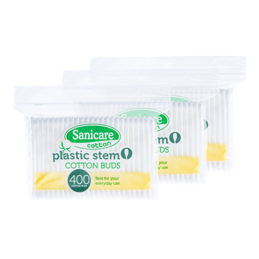 Sanicare Plastic Stem Cotton Buds 400 Tips (Pack of 3)