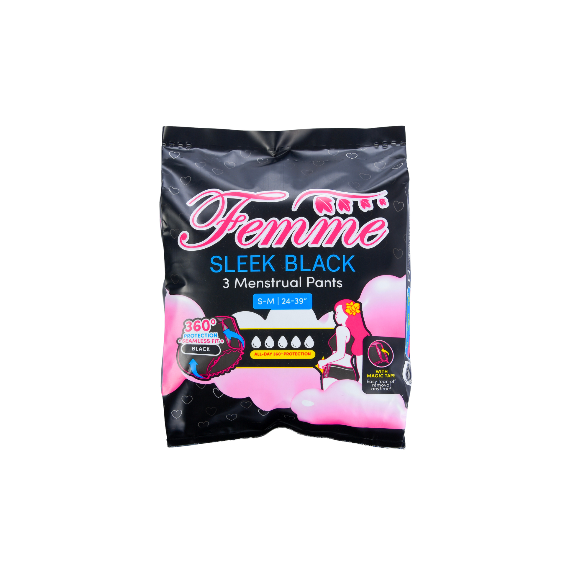 Femme Menstrual Pants Sleek Black – S-M   3 Pcs/Pack  24 Packs/Case
