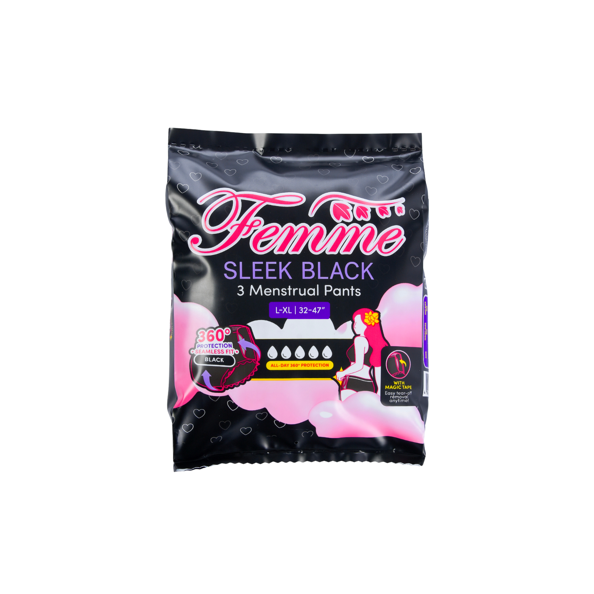 Femme Menstrual Pants Sleek Black – L-XL   3 Pcs/Pack   24 Packs/Case