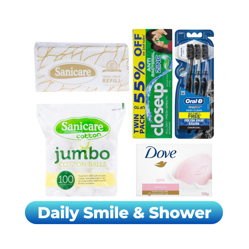 Daily Smile &amp; Shower [Oral-B TB 3s + Closeup TP + Dove Soap + Sanicare Cotton Balls + Sanicare FT Refill]