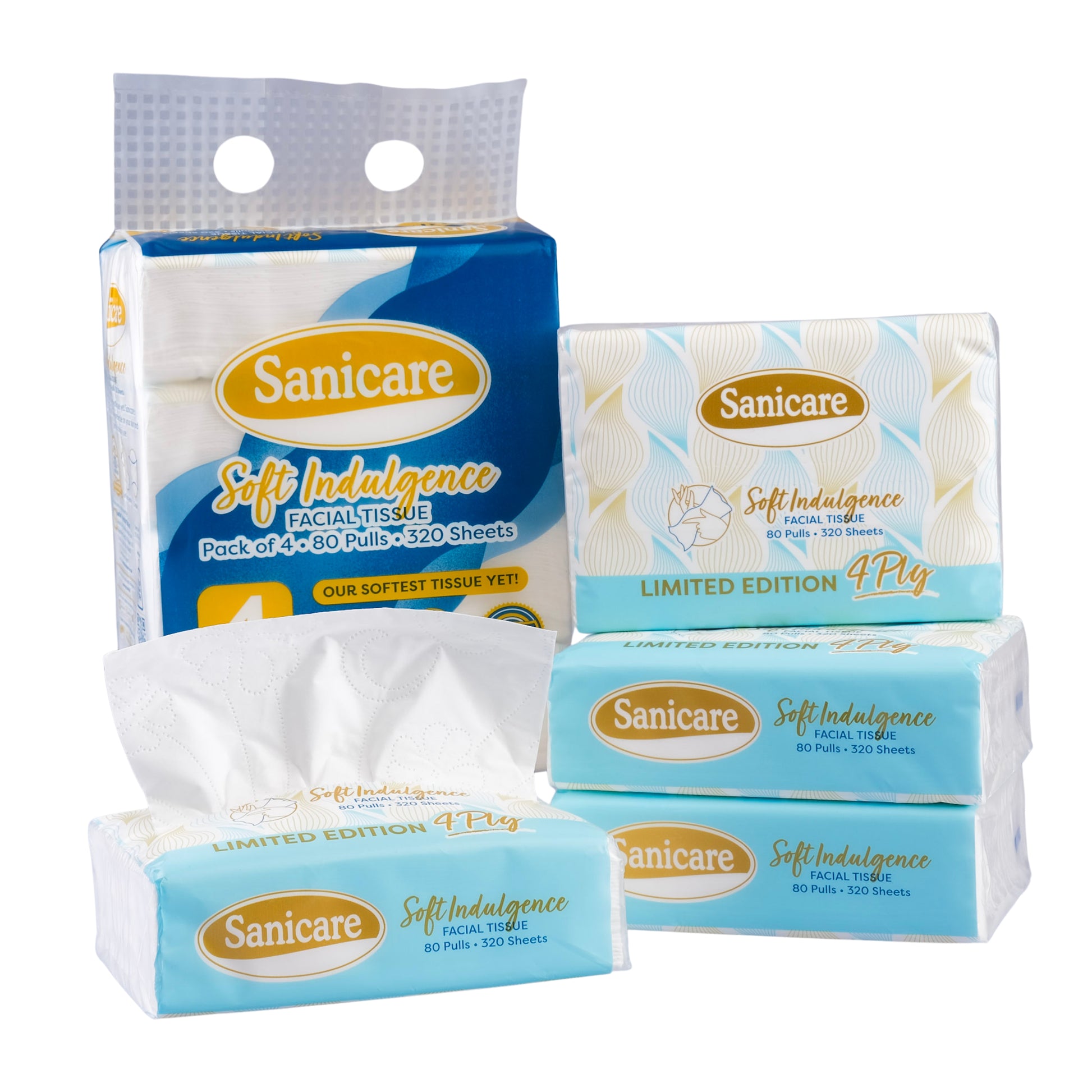 Sanicare Facial Tissue Soft Indulgence Travel Pack 80-Pulls 320-Sheets (Pack of 4)